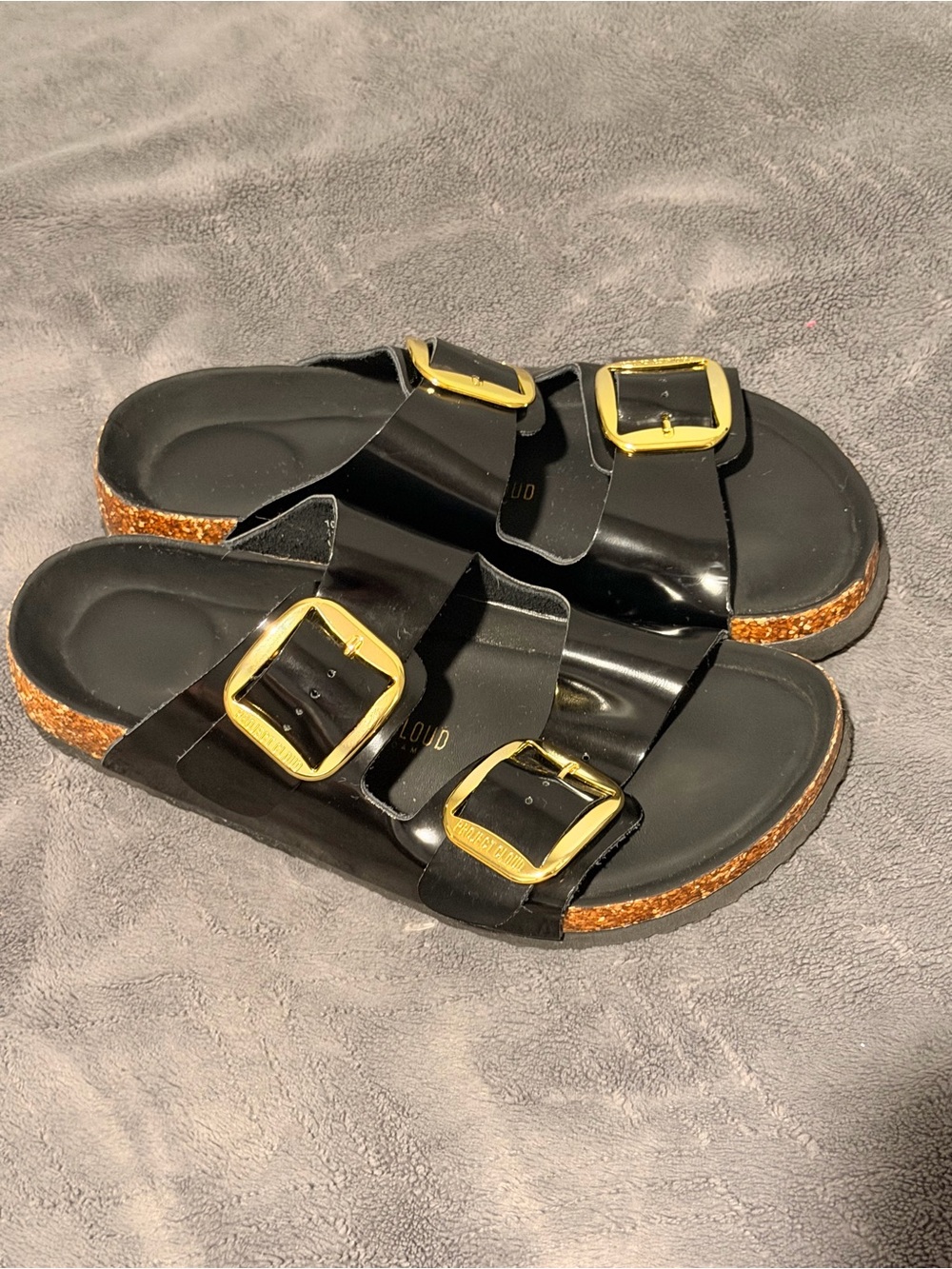 New project cloud  Patent Black Double-Buckle Slide Sandals with Gold Buckles
